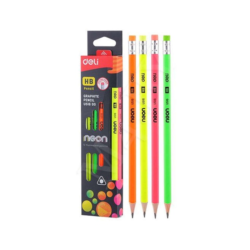 Deli HB Pencil Graphite Pencil Neon 12 Fluorescent Pencils  (U516 00)