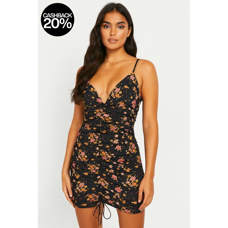 Forever 21 Women’s Black Floral V-Neck Sleeveless Ruched Mini Dress | Forever 21 In Lebanon