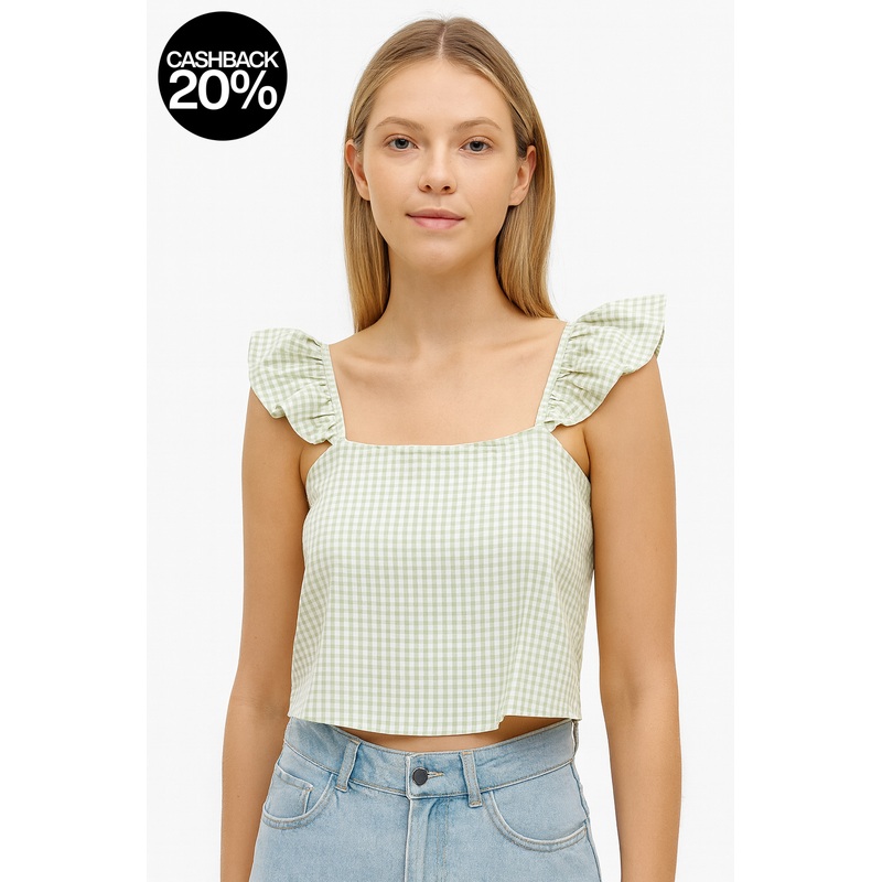 Forever 21 Women’s Mint Green & White Checkered Ruffle Sleeve Crop Top | Forever 21 In Lebanon