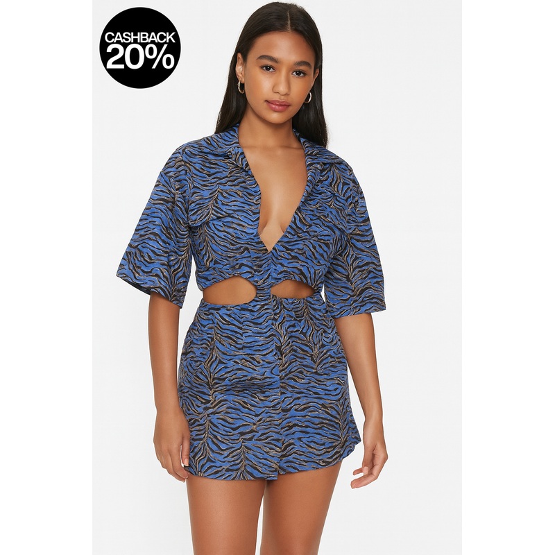 Forever 21 Women’s Navy Blue Printed Short Sleeve Cut Out Mini Dress | Forever 21 In Lebanon