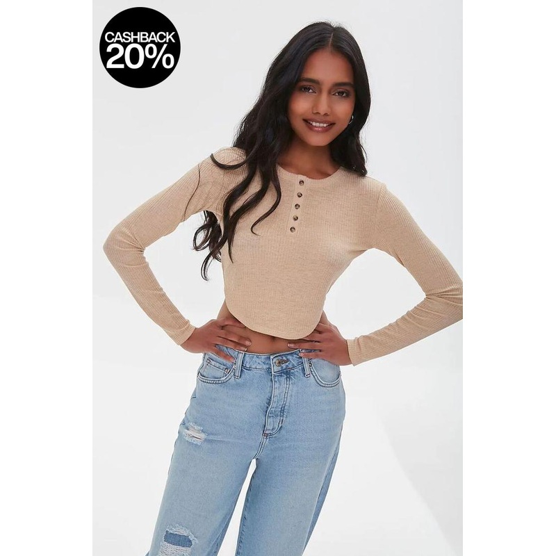 Forever 21 Women’s Beige Long Sleeve Ribbed Top | Forever 21 In Lebanon
