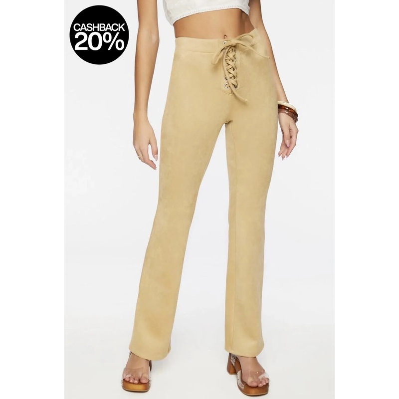 Forever 21 Women’s Tan Faux Suede Lace-Up Flare Pant | Forever 21 In Lebanon