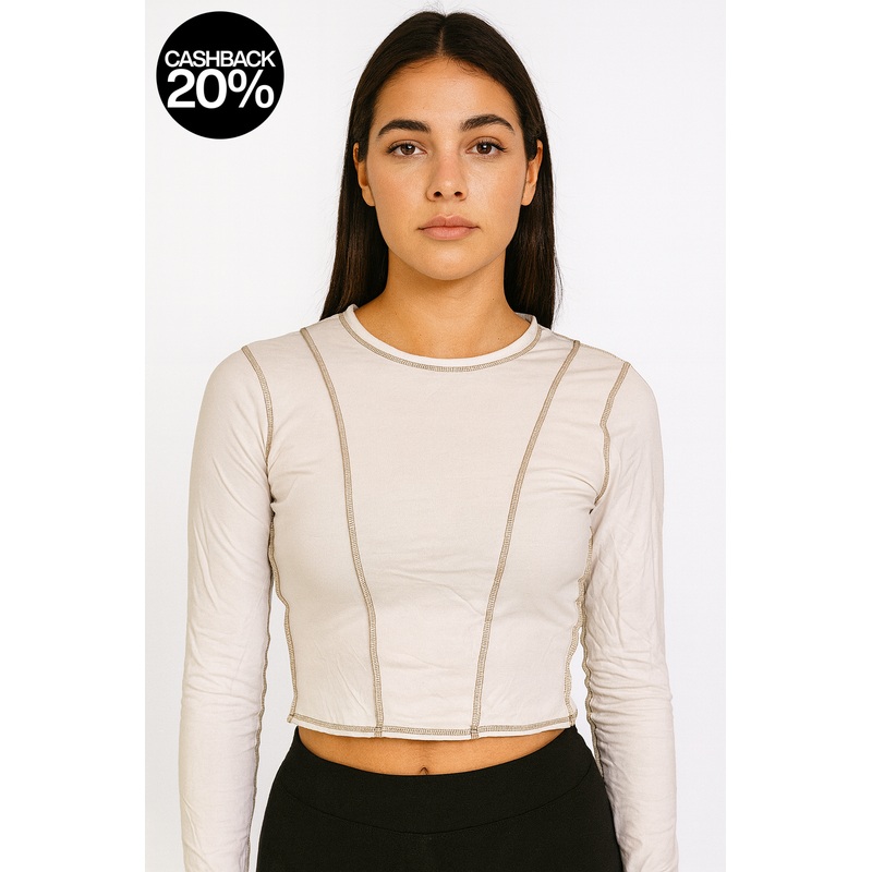 Forever 21 Women’s White & Sage Crew Neck Long Sleeve Crop Top | Forever 21 In Lebanon