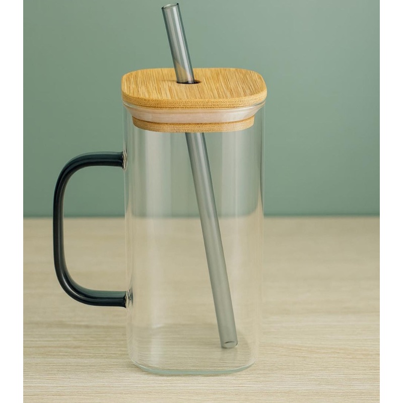 Hinox Transparent Glass Mug With Bamboo Lid & Glass Straw | Hinox In Lebanon