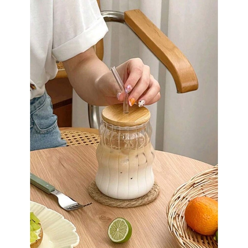 Hinox Transparent Striped & Curved Glass Cup With Bamboo Lid & Glass Straw | Hinox In Lebanon