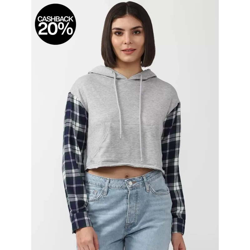 Forever 21 Women’s Grey Checkered Cropped Hoodie | Forever 21 In Lebanon
