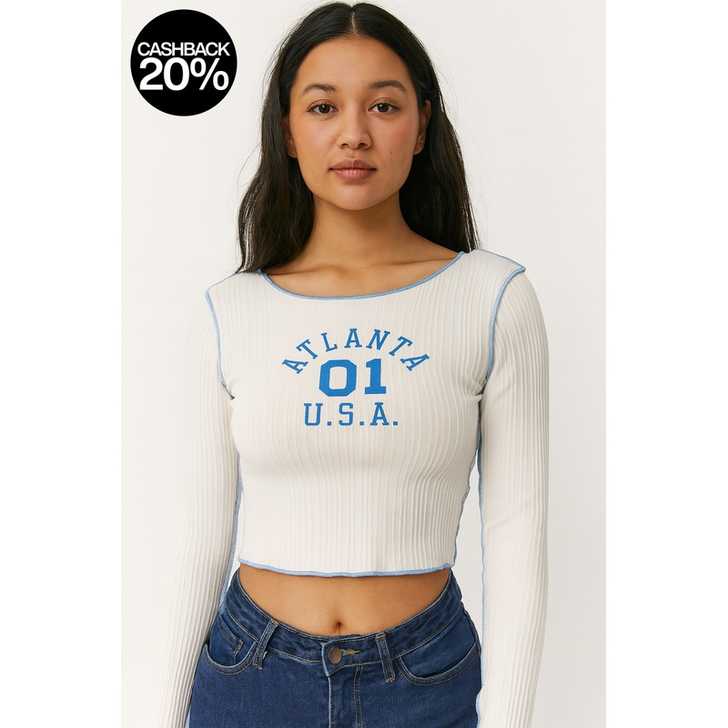 Forever 21 Women’s White & Blue Chest Printed Long Sleeve Blouse | Forever 21 In Lebanon