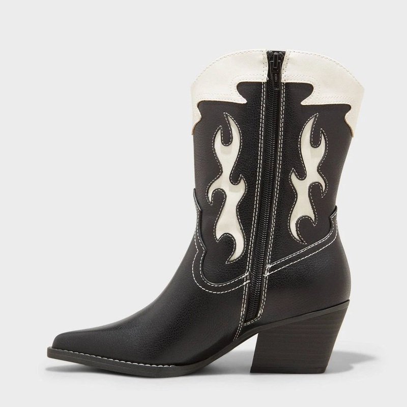 Universal Thread Women’s Black & White Leather Block Heel Ankle Western Boots |Universal Thread In Lebanon