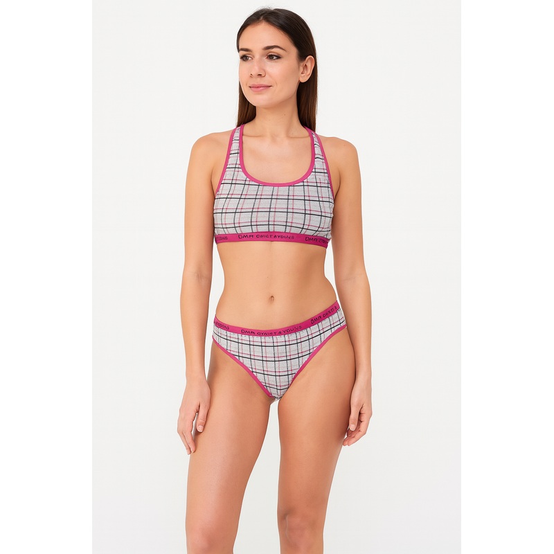Demar Women’s Grey & Fuchsia Plaid Lingerie Set | Demar In Lebanon