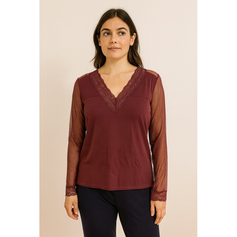 Demar Women’s Maroon Lace V Neck Sleep Shirt | Demar In Lebanon