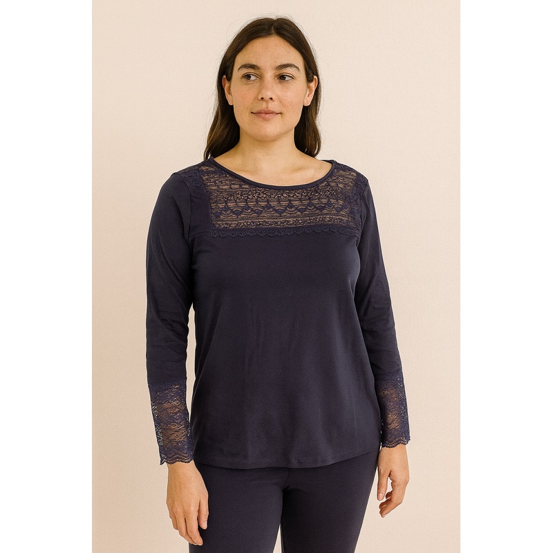 Demar Women’s Navy Cotton & Lace Sleep Shirt| Demar In Lebanon