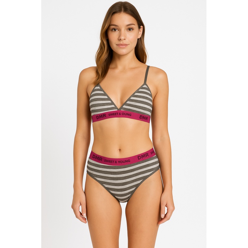 Demar Women’s Washed Black & Light Blue Striped Underwear Set | Demar In Lebanon