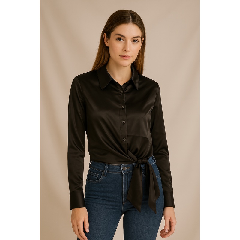 Big Dart Women’s Black Tied Long Sleeve Satin Shirt| Big Dart In Lebanon