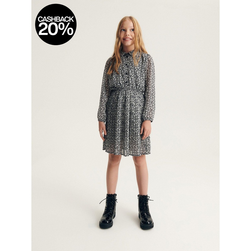 Reserved Girl’s Black & White Long Sleeve Floral Pattern Dress With Collar | Reserved In Lebanon