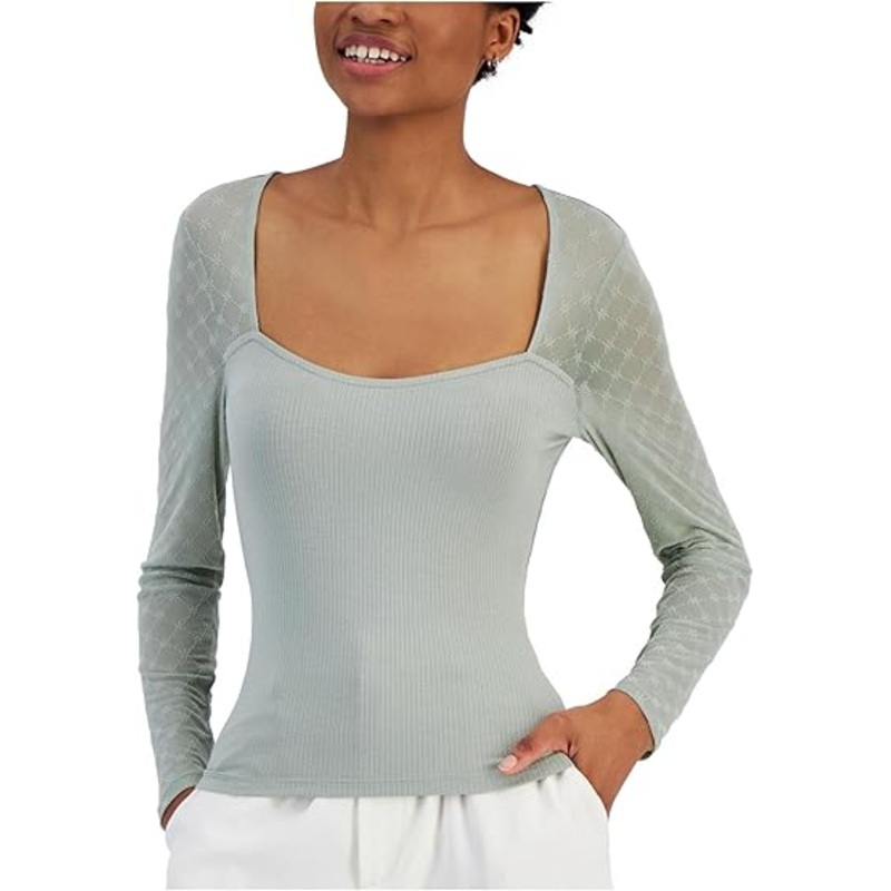 Crave Fame Women’s Aqua Flocked Illusion Mesh Knit Blouse | Crave Fame In Lebanon