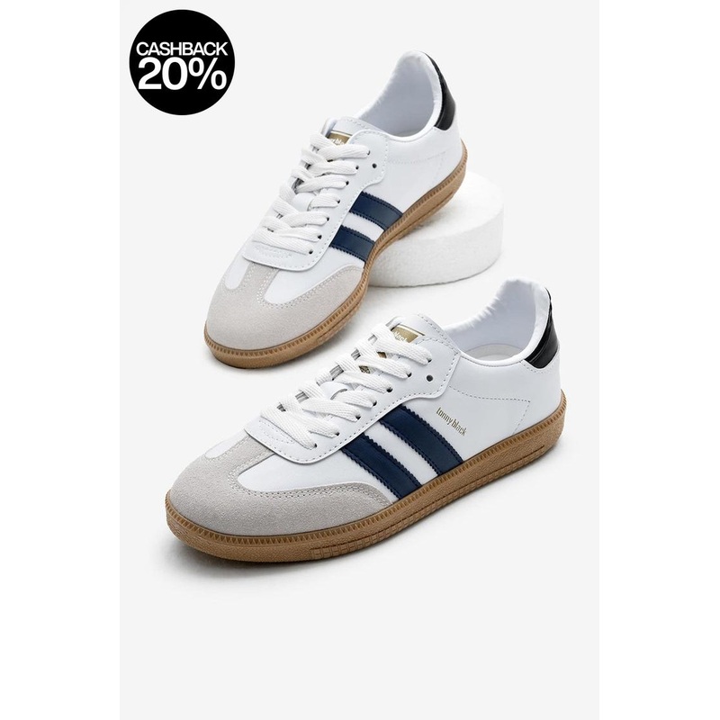 Tonny Black Kids White & Navy Stripe Lace-Up Sneakers |Tonny Black In Lebanon