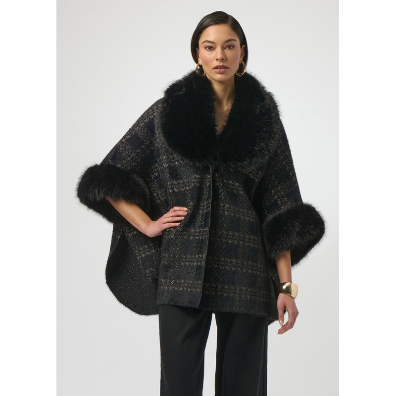 Joseph Ribkoff – Jacquard Knit Cape with Faux Fur Accents