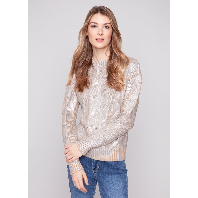 Charlie B – Foiled Drop Shoulder Cable Knit Sweater