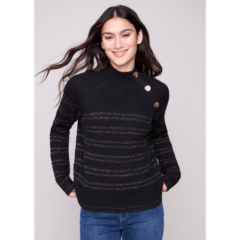 Charlie B – Metallic Striped Mock Neck Sweater with Button Details