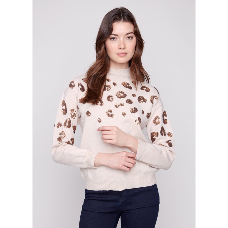 Charlie B – Mock Neck Sweater with Animal Sequins Detail