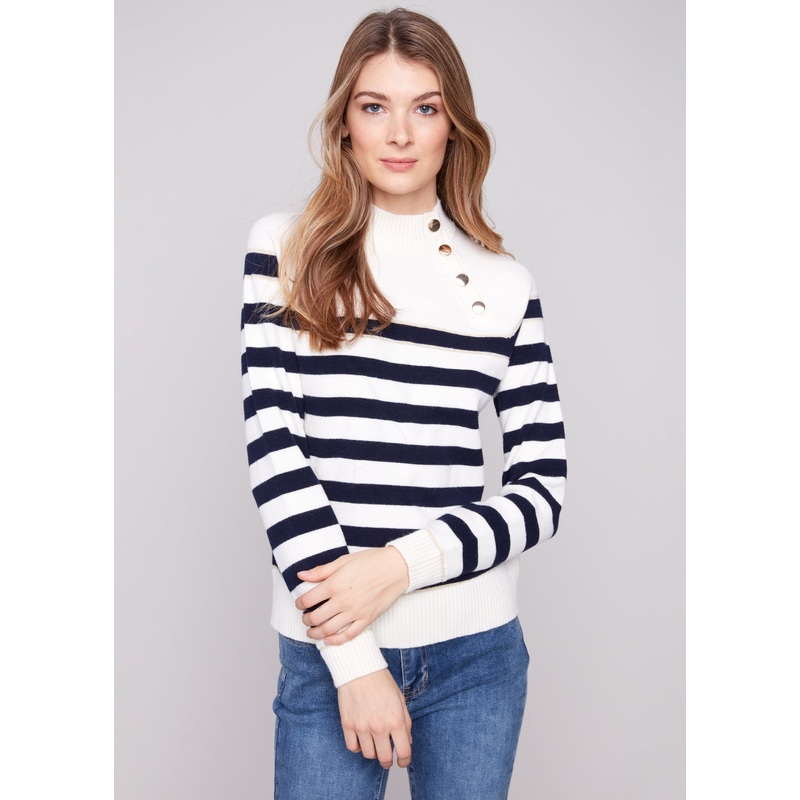 Charlie B – Striped Mock Neck with Button Details