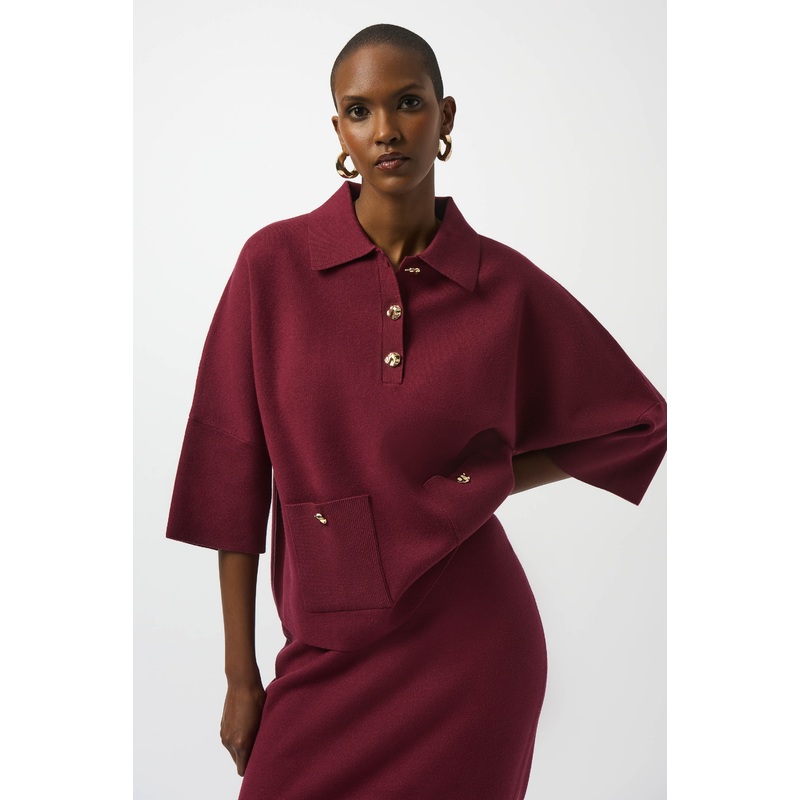 Joseph Ribkoff – Sweater Knit Boxy Pullover With Polo Collar