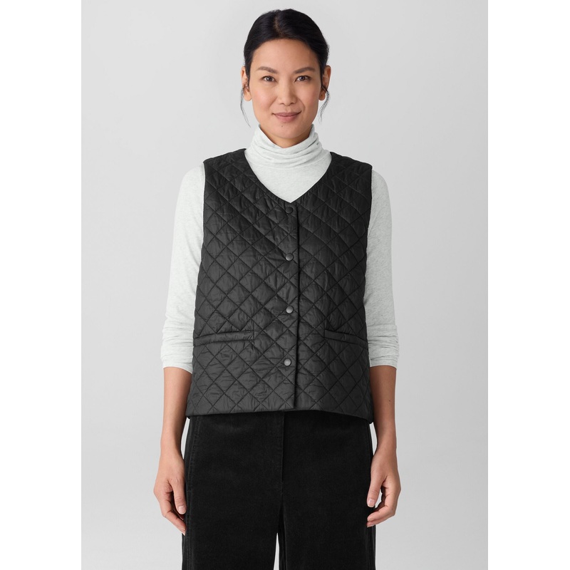 Eileen Fisher – Eggshell Recycled Nylon Quilted V-Neck Vest