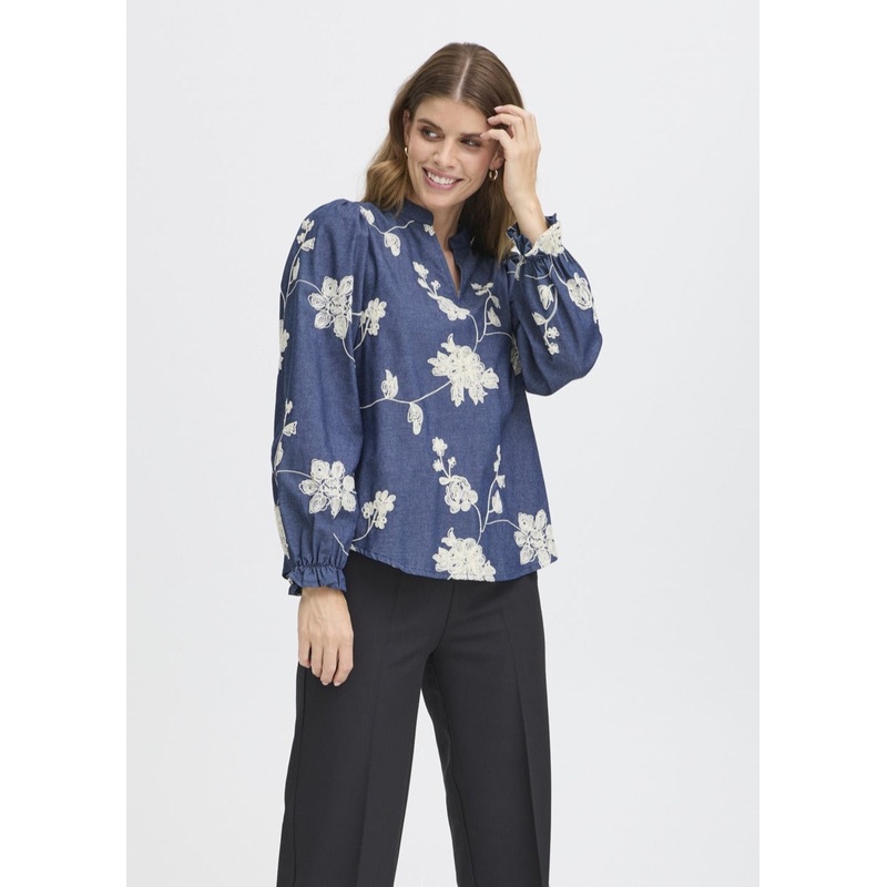 Fransa – Darana Floral Blouse|MID BLUE EMBROIDERY|XS|S|M|L|XL|XXL