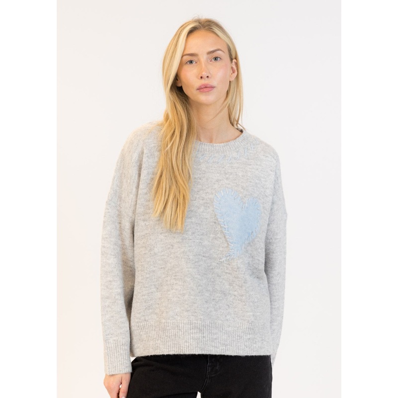 Lyla + Luxe – Heart Pullover|LIGHT GREY/BLUE HEART|S|M|L