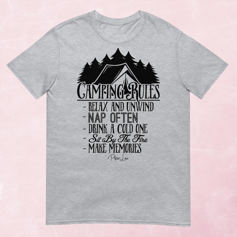 Camping Rules Graphic Tee|Heather Red|Tropical Blue|Sand|Light Blue|Sport Grey|Cornsilk|White|S|M|L|XL|2XL|3XL