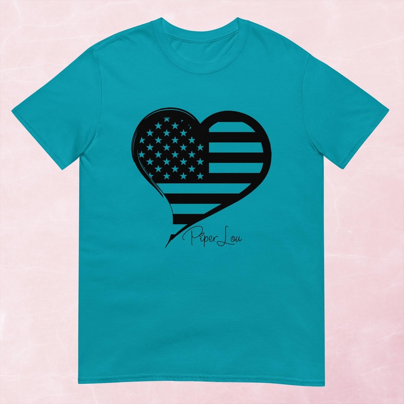 USA Flag Heart Graphic Tee|Heather Red|Tropical Blue|Sand|Light Blue|Sport Grey|Cornsilk|White|S|M|L|XL|2XL|3XL