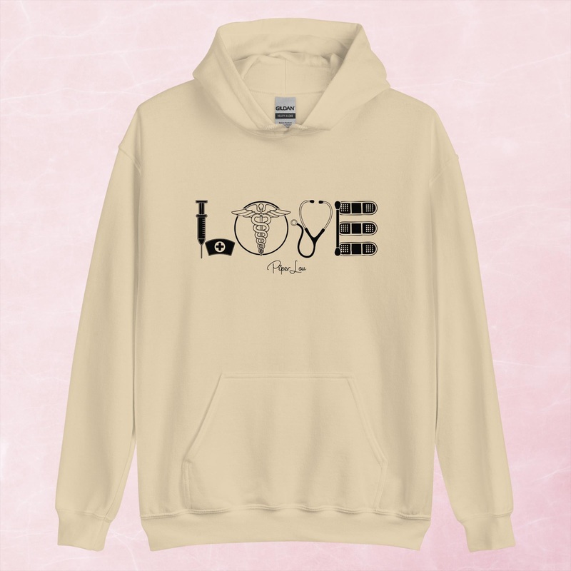 Nurse Love Graphic Hoodie|Red|Heliconia|Irish Green|Orange|Military Green|Carolina Blue|Gold|Sand|Light Pink|Ash|White|S|M|L|XL|2XL|3XL|4XL|5XL