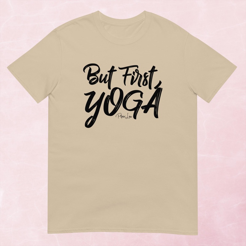 But First Yoga Graphic Tee|Heather Red|Tropical Blue|Sand|Light Blue|Sport Grey|Cornsilk|White|S|M|L|XL|2XL|3XL