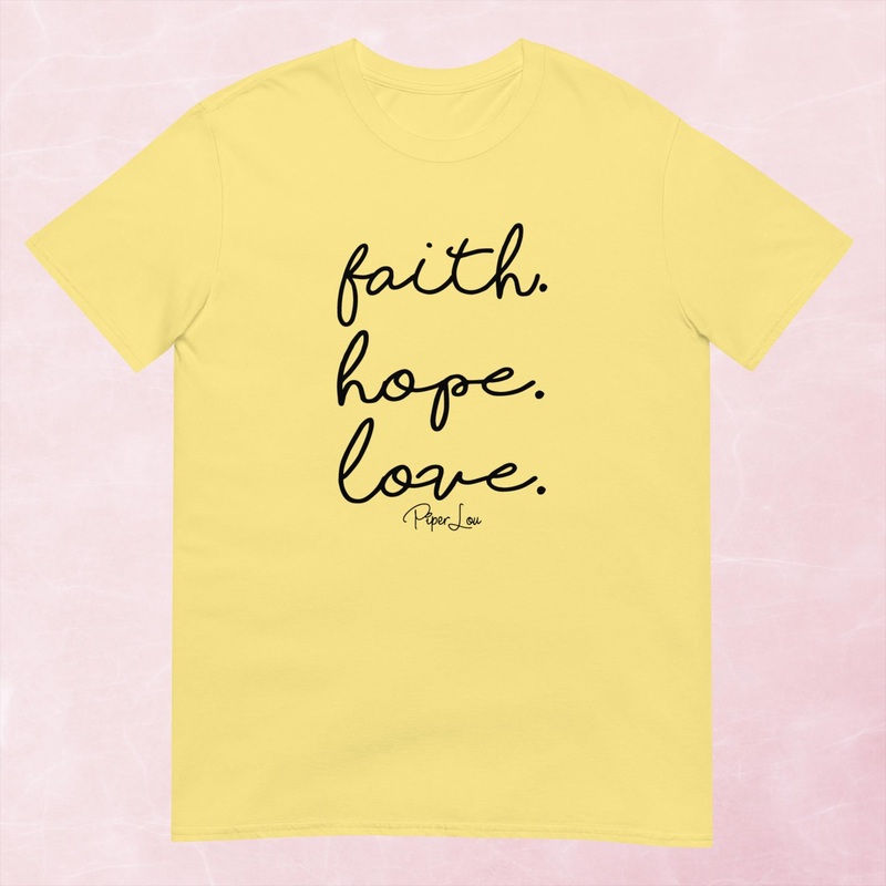 Faith Love Hope Graphic Tee|Heather Red|Tropical Blue|Sand|Light Blue|Sport Grey|Cornsilk|White|S|M|L|XL|2XL|3XL