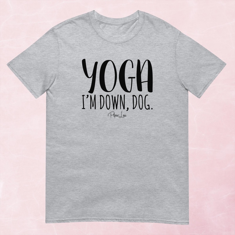 Yoga I’m Down Dog Graphic Tee|Heather Red|Tropical Blue|Sand|Light Blue|Sport Grey|Cornsilk|White|S|M|L|XL|2XL|3XL