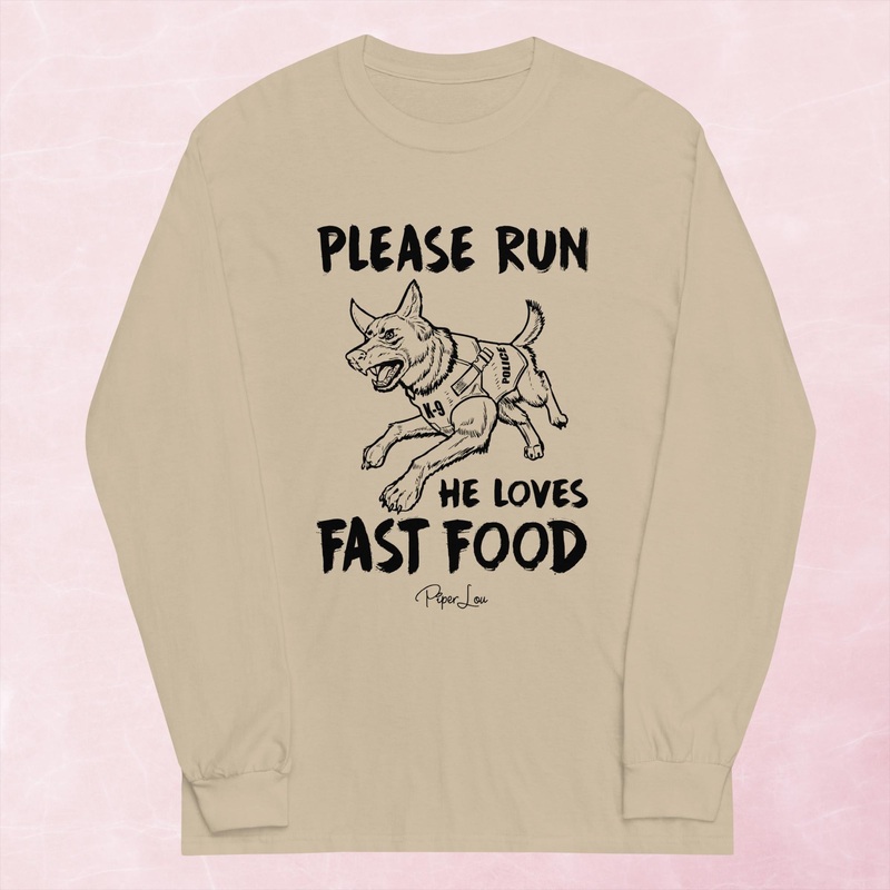 Please Run He Loves Fast Food Graphic Long Sleeve Tee