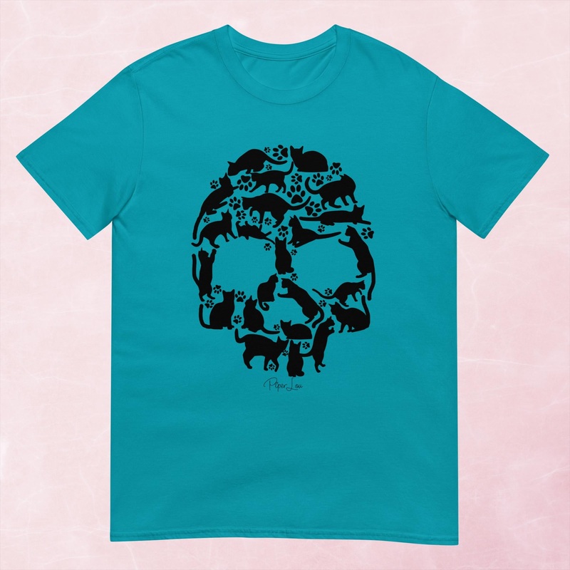 Cat Skull Graphic Tee|Heather Red|Tropical Blue|Sand|Light Blue|Sport Grey|Cornsilk|White|S|M|L|XL|2XL|3XL