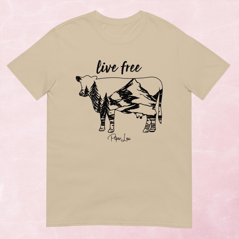 Live Free Cow Graphic Tee|Heather Red|Tropical Blue|Sand|Light Blue|Sport Grey|Cornsilk|White|S|M|L|XL|2XL|3XL